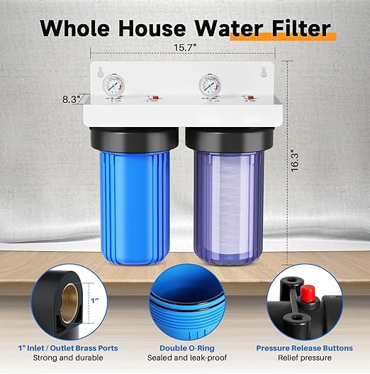 PUREPLUS 2-Stage Whole House Water Filtration System, 10" Universal Clear Housing, Reduces Sediment, Iron/Manganese, Chlorine, Taste & Odor, Ideal for Well Water, Pressure Gauges, 1" Inlet/Outlet