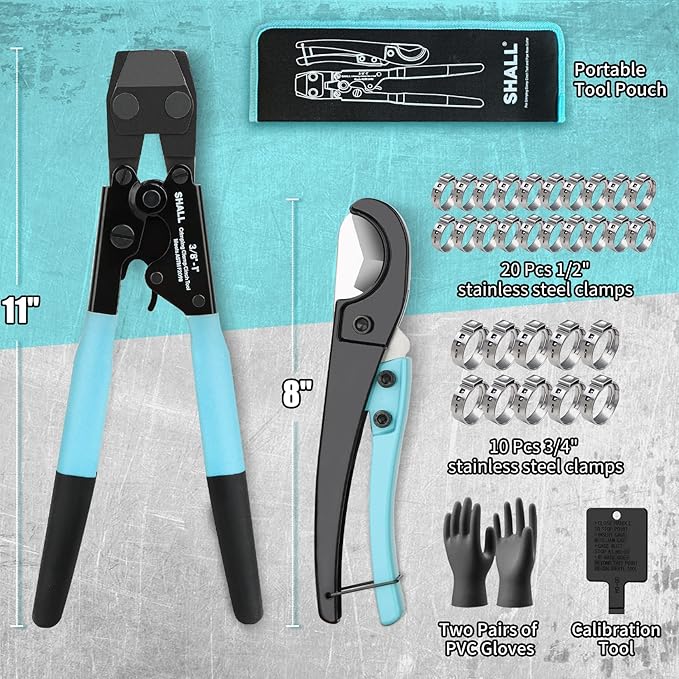 SHALL Pex Crimping Clamp Cinch Tool and Pipe Hose Cutter, Pipe Fitting Crimper Tool Kit Meets ASTM F2098 for 3/8" to 1" Stainless Steel Clamps Including 20pcs 1/2", 10pcs 3/4" Clamps With Storage Bag