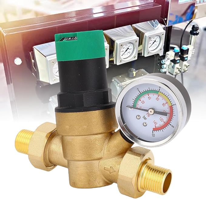 FTVOGUE Water Pressure Regulator Brass Adjustable with Pressure Dial Gauges 1 to 6 Bar Range for RV Home Plumbing System Reduction (3/4 inch (DN20))