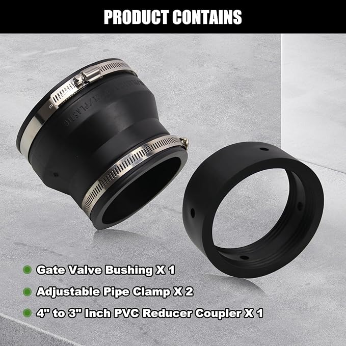 RULLINE 4" to 3" Black PVC Reducer Coupler & Gate Valve Bushing with 2pcs Clamps RV Plumbing Fittings PVC Pipe Coupler Adapter RV Sewer Connection