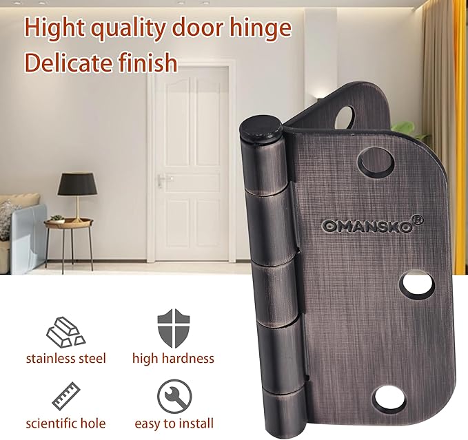 18 Pack Door Hinges, 3.5 x 3.5 Inch Oil Rubbed Bronze Hinges for Wood 5/8'' Radius Corners 3 1/2 Inch Interior Door Hinges for Residential Doors
