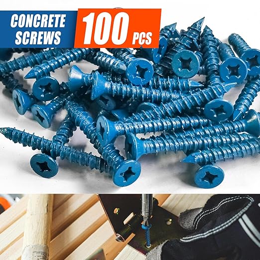 100Pcs 3/16" x1-3/4 Concrete Screws with Drill Bit, Flat Head Concrete Cement Screws Anchor Assortment Kit for Masonry, Block Brick or Stucco