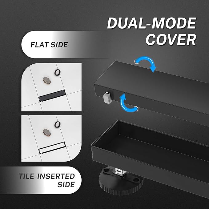 Linear Shower Drain, Linear Drains. Shower Trench Drain with 2-in-1 Flat Cover & Inser Cover,304 Stainless Rectangle Steel Shower Floor Drain with Hair Strainer and Leveling Feet (Black, 12 in)
