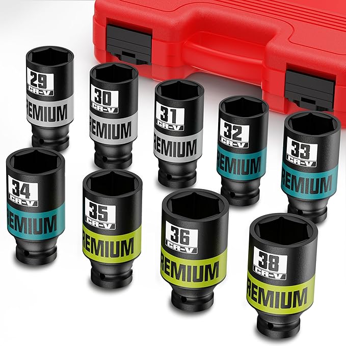 9 Piece 1/2" Drive Impact Socket Set, Metric Axle Nut Sockets, 29-38mm Thicker Jumbo Sockets, Socket Set, 6 Point, Cr-V Steel for Auto Repair