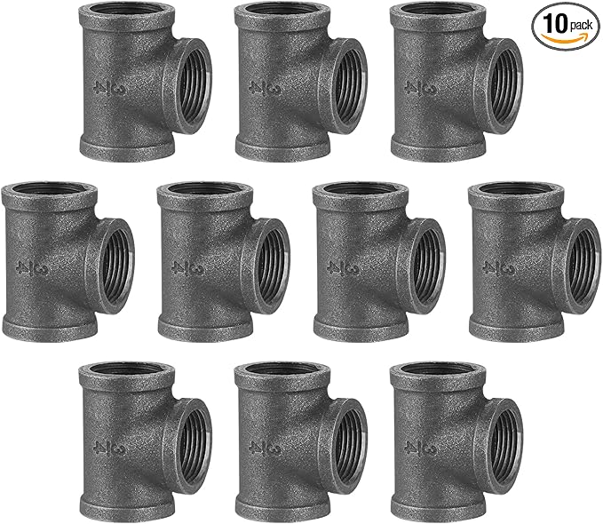 3/4" Pipe Fitting Tee, 10 Pack DN20 Threaded Gray Cast Malleable Iron for Steampunk Vintage Shelf Bracket DIY Plumbing Pipe Decor Furniture (10, 3/4")