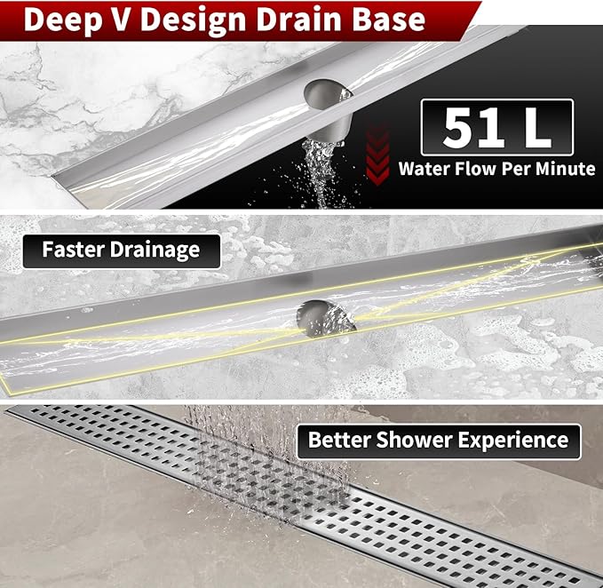 Sharp-tec 24 inch Linear Shower Drain, Brushed Rectangular Floor Drain, V-Shape Design Drain Channel, 304 Stainless Steel, cUPC Certificated for Bathroom Shower (Drain Base is Not Included)