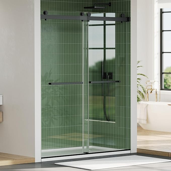 Frameless Double Sliding Shower Door - 56 to 60 Inch Adjustable Width x 74 Inch Height, 1/4" (6mm) Clear Tempered Glass with Easy-Clean, Space-Saving Bypass Design, Matte Black Finish for Bathroom