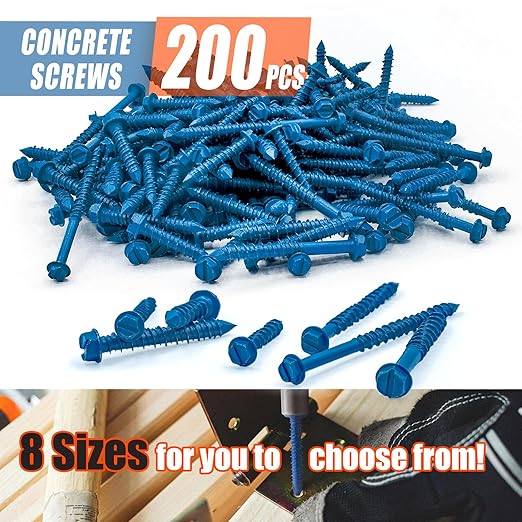 200Pcs Concrete Screws with Drill Bit and Driver bit, 3/16" 1/4" Hex Head Concrete Cement Screws Assortment Kit for Anchoring to Masonry, Block or Brick Stucco, Length 1-1/4" to 2-3/4"