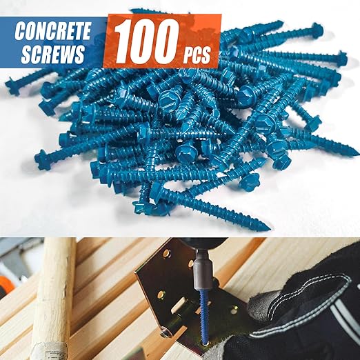100Pcs 3/16" x1-3/4 Concrete Screws with Drill Bit, Hex Head Concrete Cement Screws Anchor Assortment Kit for Masonry, Block Brick or Stucco
