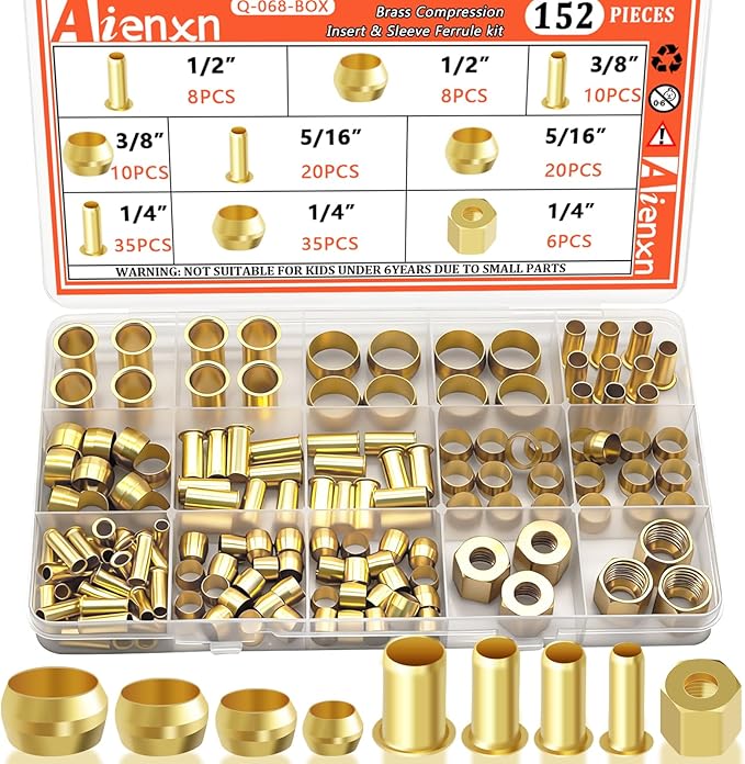 152PCS 4 Sizes Brass Compression Fittings Assortment kit- 1/2", 3/8", 5/16", 1/4" Insert, Sleeve Ferrule, Nut for Connecting air, Fuel, Water, Oil and inert Gases Lines
