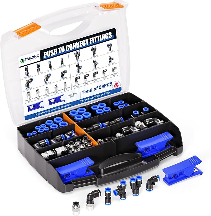 TAILONZ PNEUMATIC 1/4"3/8"1/2"1/8" Blue Push to Connect Fittings Air Hose Fittings,Threaded Connection Kits, Suitable for Nylon Tube PU Tube Air Tube and Other Connection Kits（Pack of 58）