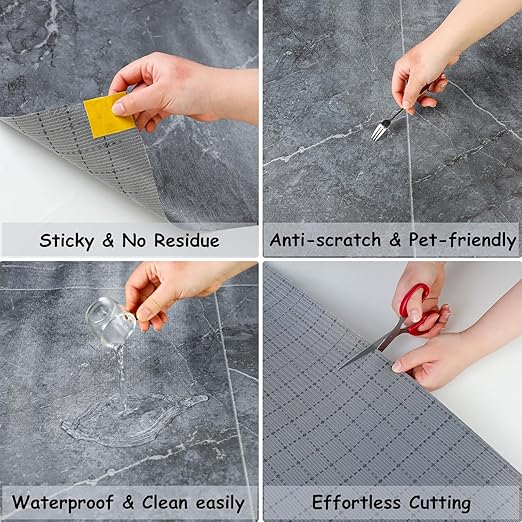 Freshtour Vinyl Flooring Roll, Versatile Removable PET Leather-Like Floor Covering, Waterproof & Durable, Easy Tape Installation, Cost-Effective for Any Room, Grey Marble/ 53.82 Sq.ft (39.3" x 197")