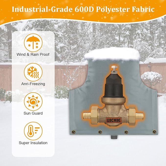 Backflow Preventer Insulated Cover (5°F) for Winter Freeze Protection, 14" W x 13" H Thickened Pressure Reducing Value & Well Pump Cover, Outdoor Waterproof Insulation Pouch for Sprinkler Valve, Grey