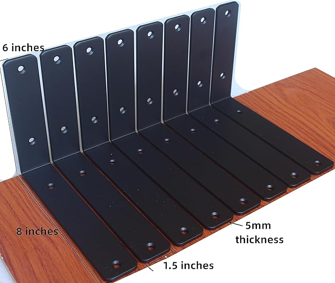 16 Pack - L 8" x H 6" x W1.5, 5mm Thick Black L Shelf Bracket, Iron Shelf Brackets, Metal Shelf Brackets, Floating Shelf, Shelf Supports with Screws