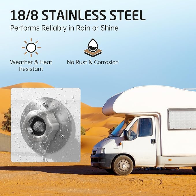 KES All Metal RV Water Inlet Connection with Check Valve, 18/8 Stainless Steel RV City Water Inlet Replacement, Upgraded Leak-Proof Design for Camper, Trailer, Marine & Boat, Brushed Finish, RWI200-BS