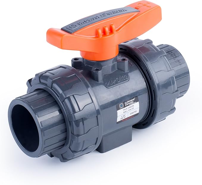HYDROSEAL Kaplan 1 1/4" PVC True Union Ball Valve with Full Port, ASTM F1970, EPDM O-Rings and Reversible PTFE Seats, Rated at 200 PSI @73F, Gray, 1 1/4 inch Socket (1 1/4")