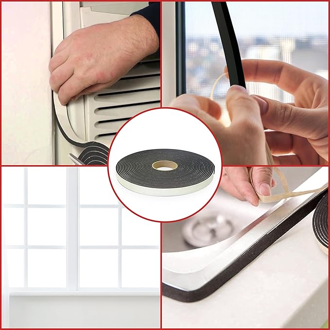 GGR Supplies PVC Black Foam Tape Weather Stripping Door Seal Self Adhesive, Soundproofing, Insulation, Weatherstrip, Pipe Cooling - Ideal for Doors, Windows, and AC Seal. (W: 1/2In xT: 1/16In: 150ft.)