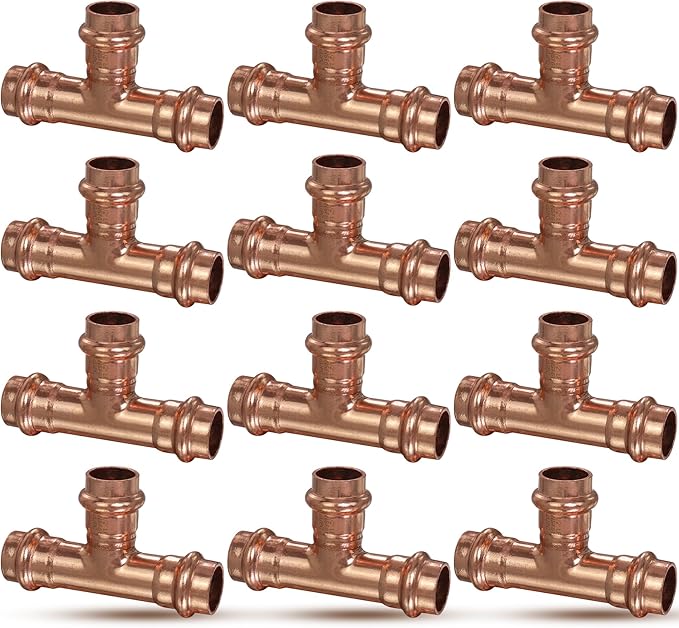 Copper Press Fittings 1/2 inch Copper Tee Fittings,Zero Lead Tee Coppers Coupling with 1/2” PxPxP,12PK Press Fit Tees for Coppers Tube Connection,OD 5/8”,Use with Hydraulic Press Fitting Tool