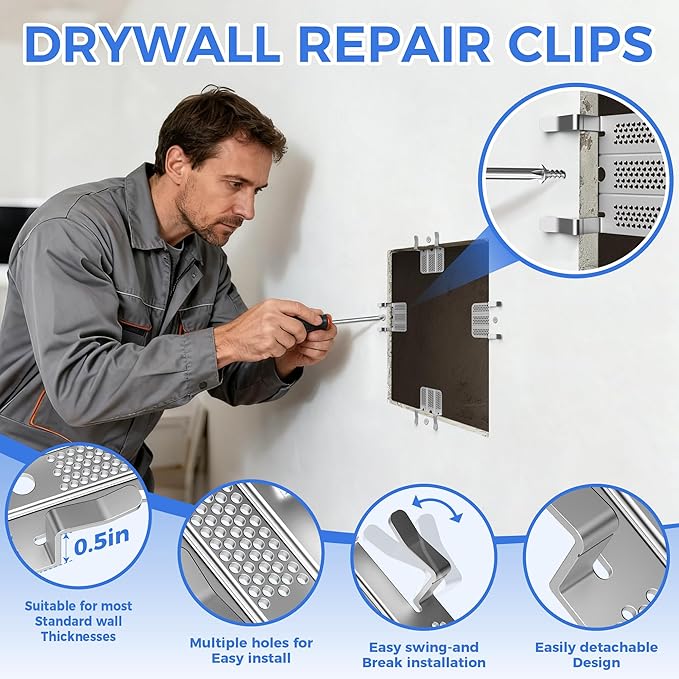 52 Pack Drywall Repair Clip, Drywall Clips Repair with 104 Screws Fits 1/2" and 5/8" Panels, Stainless Steel Drywall Fastener Repair Clips Kit for DIY Damaged Walls Repairing