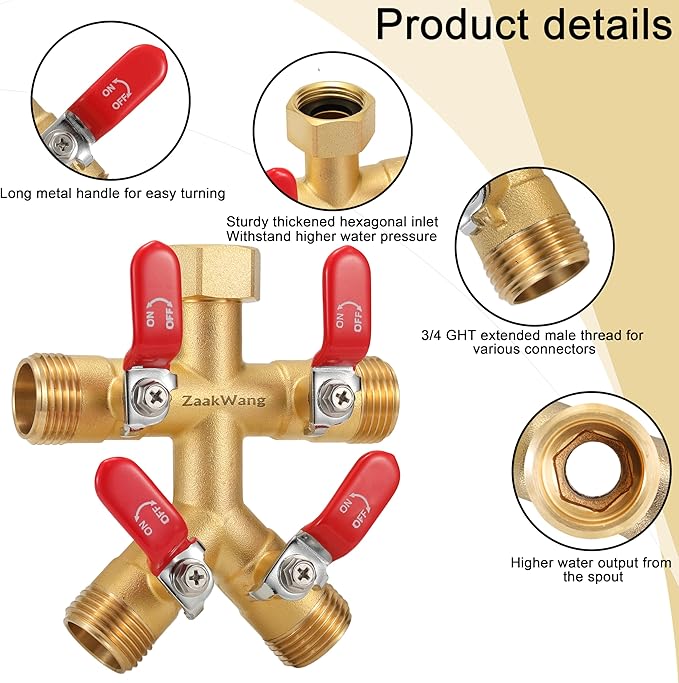 Garden Hose Splitter, 4-Way Full Flow Outdoor Faucet, Heavy Duty Brass Hose Manifold Wiht Red Long Handle, High Flow Faucet Adapter, 3/4-Inch GHT