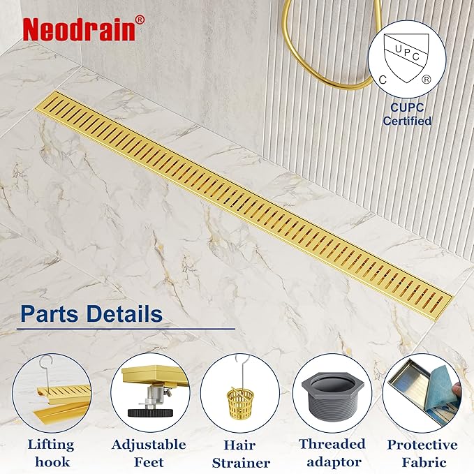 Neodrain 36" Gold Bathroom Linear Shower Drain with Removable Capsule Pattern Grate, 304 Stainless Steel Rectangle Shower Floor Linear Drain- Adjustable Leveling Feet,Hair Strainer, CUPC Certified