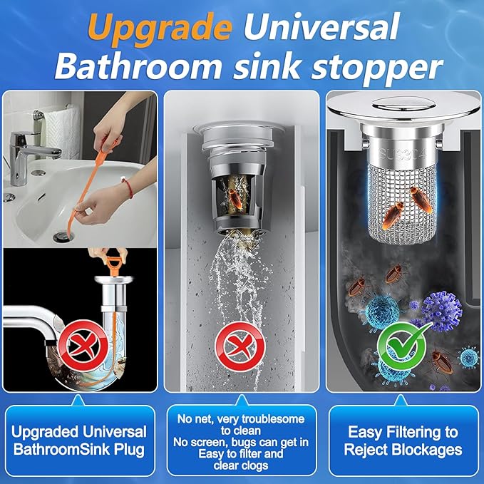 Sink Stopper Hair Catcher, Pop-up Sink Drain Strainer with Removable Stainless Steel Strainer Basket Hair Catcher, Bathroom Sink Strainer for Bathroom Sink Stopper Replacement(1PCS)