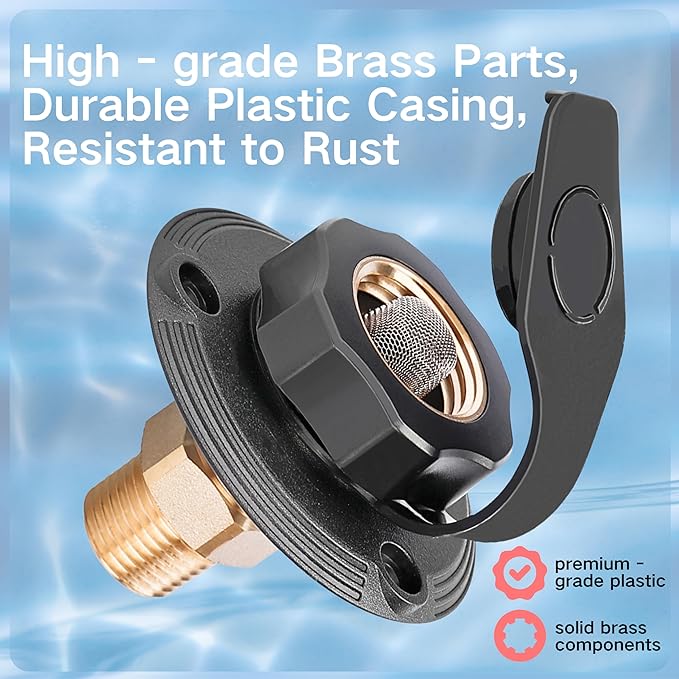 RV City Water Inlet with Check Valve – 3/4″ NH to 1/2″ NPT Brass, Matte Black Dust Cap