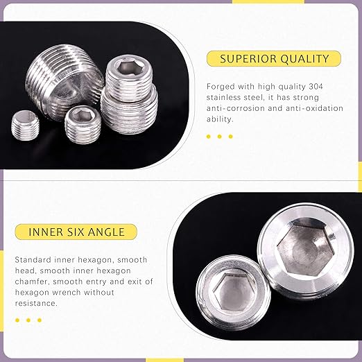 Swpeet 18Pcs 5 Sizes NPT Stainless Steel Pipe Fitting Assortment Kit, 1/8" 1/4" 3/8" 1/2" 3/4" NPT Plug Stainless Steel Internal Hex Thread Socket Pipe Plug Set for Use in Wet Environments