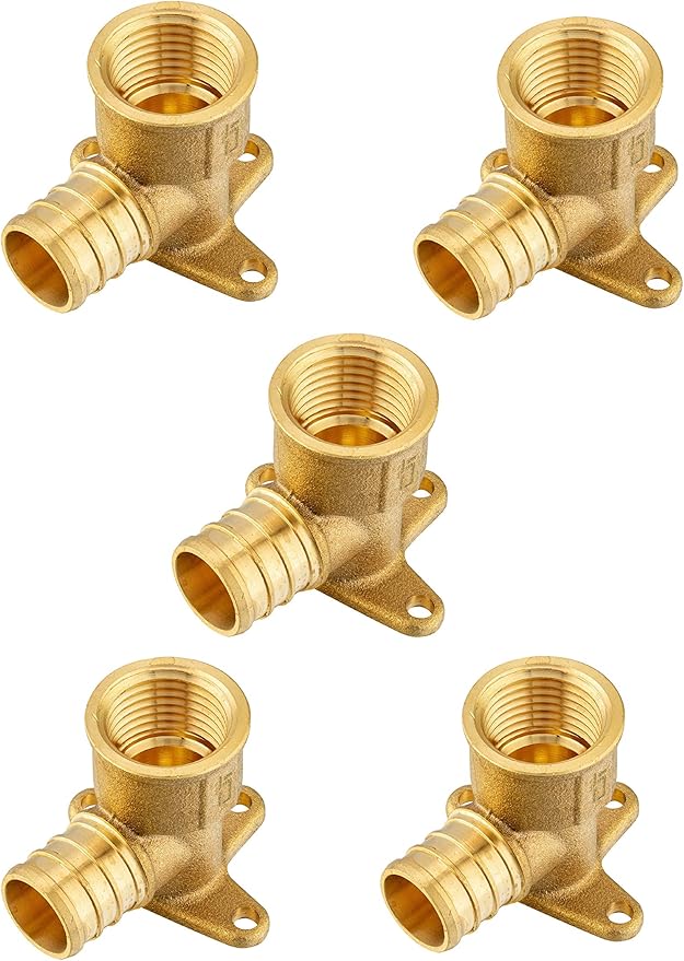 (Pack of 5) Pex 3/4 Inch x1/2 Inch Female NPT Drop-Ear Elbow Barb Crimp Brass Fitting, ASTM F1807,(PEX1807164)