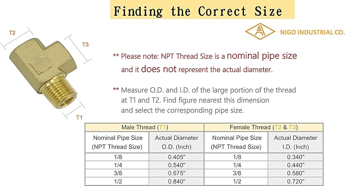 Nigo Brass Tee, 3-Way Pipe Fitting - Forged Brass (1/4' x 1/4' x 1/4' - NPT Female x NPT Female x NPT Male)