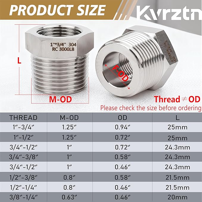 3/4" NPT Male to 3/8" NPT Female Reducer Bushing,2 Pcs 304 Stainless Steel NPT Reducing Adapter Pipe Fitting, Heavy Duty Pipe Hex Bushing for Reducing Pipe