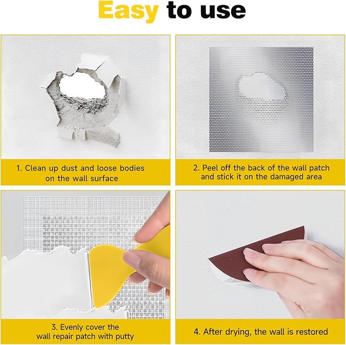12 X 12 Inch Drywall Repair Kit - Heavy Duty Self-Adhesive Mesh Drywall Repair Patch for Large Holes in Wall and Ceiling, Wall Patch Repair Kit with Scraper and Sandpaper - Dry Wall Patch Kits