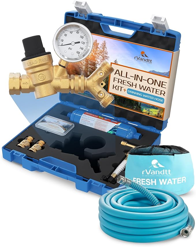RV Fresh Water Kit w/Drinking Hose - RV Water Pressure Regulator, Filter, Hose Connectors, Leak Repair Kit, Carrying Case, 35' Drinking Water Hose