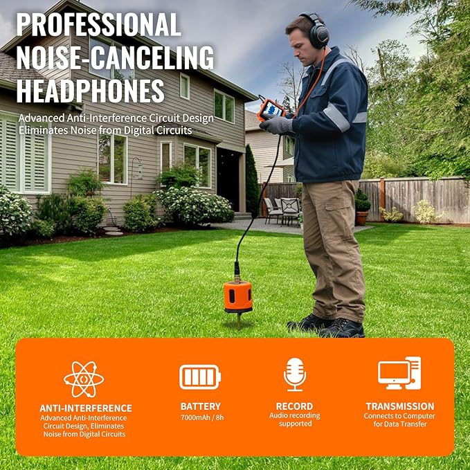 PQWT Underground Water Leak Detectors PQ125B Outdoor Wall Pipe Water Leakage Detection with Touchscreen Earphone and Carrying Case Sensor Acoustic Pipeline Sound Intensifier