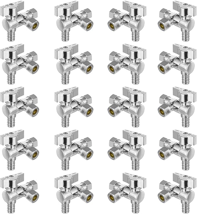 20-PCs HeSun Barb Crimp Inlet Angle Stop Valve, Quarter-Turn 1/2" PEX-B x 3/8" OD x 3/8" OD Compression, Dual Compression Outlet Shut Off Valve, PEX Chrome Plated Brass, ASTM F1807(VALVE200-20)