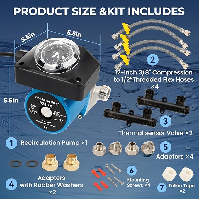 Hot Water Recirculating Pump Kit for Tank Water Heaters – Programmable Timer, Two Upgraded Brass Bypass Sensor Valves, 4-Line Configuration, Easy DIY Installation 0955805,595916