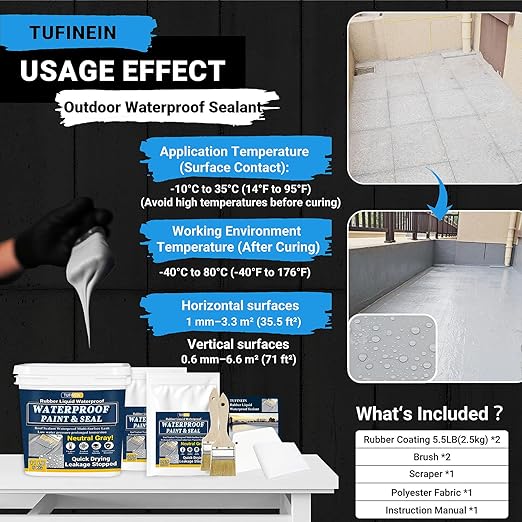 Rubber Liquid Waterproof Sealant, TUFINEIN 11 LB/5 KG Neutral Gray Quick Drying Multi Surface Foundation Leak Repair - Roof Gutters Basement Sealer Waterproof - Indoor & Outdoor Flexible Rubber Paint