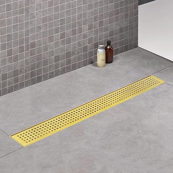 Linear Shower Drain, 18 inch Gold Drain with Removable Grate Cover, Brushed 304 Stainless Steel Shower Floor Drain, Linear Drain with Hair Strainer and Adjustable Feet