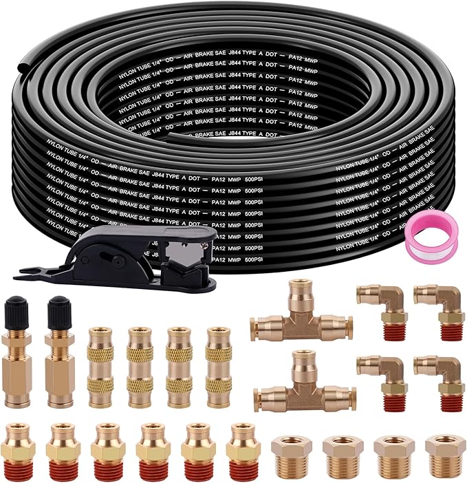 100FT 1/4 Air Hose Brass Fittings Kit 22pcs 1/4" OD Quick Push to Connect DOT Brass Fittings 1/4 SAE J844 PA12 Nylon Air Line Tubing with Cutter for Air Suspension Kit Trailer Brake System