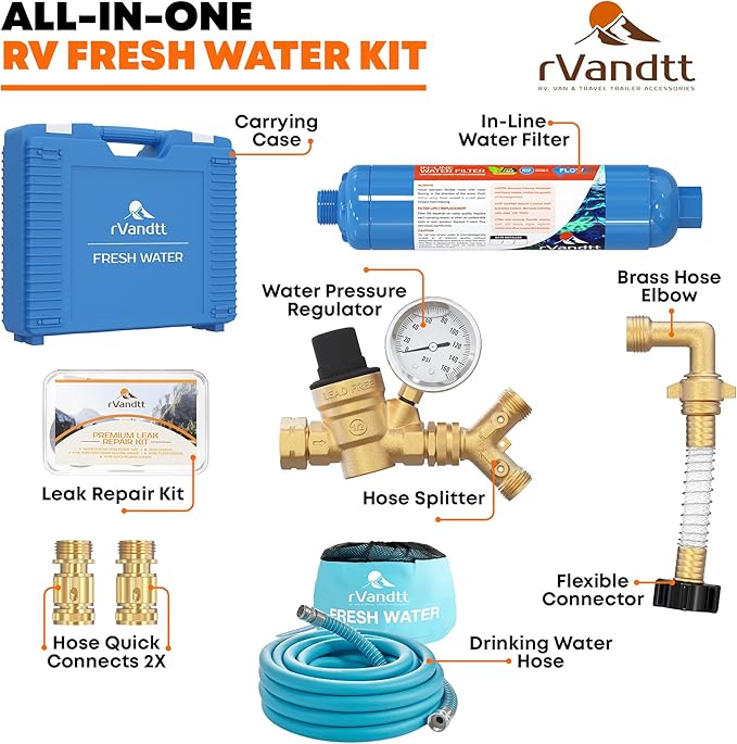 RV Fresh Water Kit w/Drinking Hose - RV Water Pressure Regulator, Filter, Hose Connectors, Leak Repair Kit, Carrying Case, 35' Drinking Water Hose