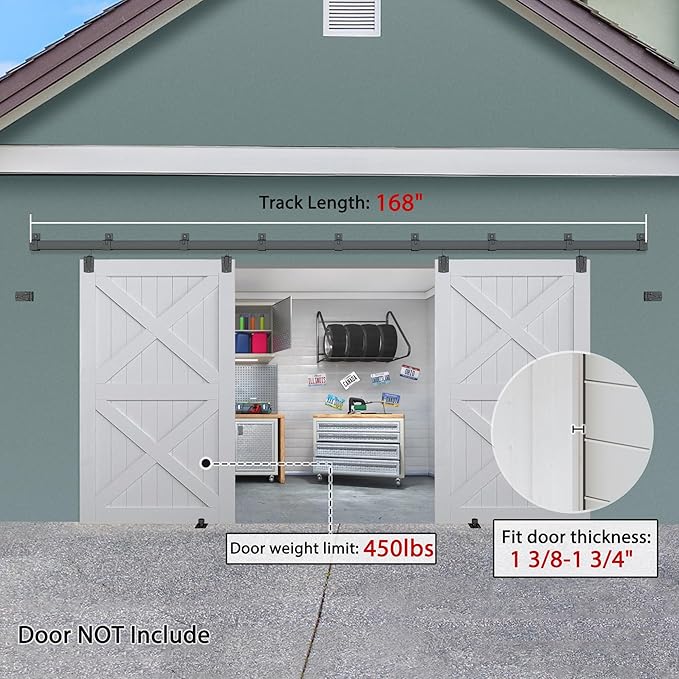 Exterior Barn Door Hardware Kit, BARNSMITH 14FT Sliding Barn Door Hardware Heavy Duty Doors Track Kit for Double Doors Use, Wall Mount, Black (Hardware Only)