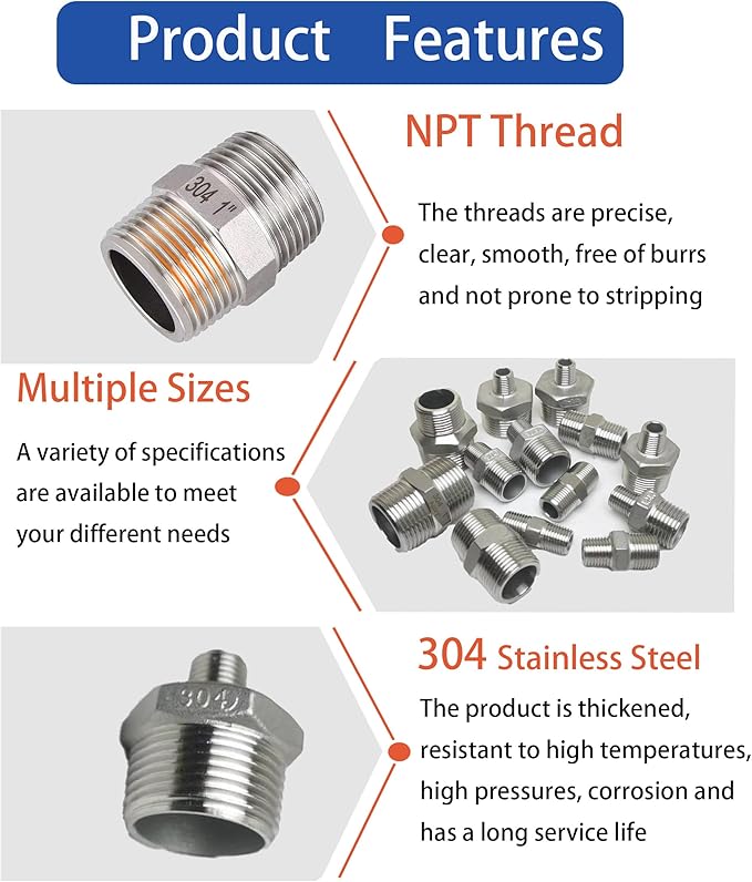 3/4" Male x 1/4" Male NPT Threaded Reducing Hex Nipple， 304 Stainless Steel Reducing Pipe Fitting Nipple Adapter With Teflon Plumbers Tape (Pack of 2)