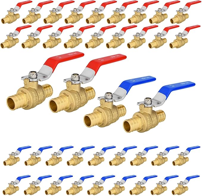 40-Pack Foskan 3/4" PEX Crimp Ball Valve, Brass Quarter Turn Full Port Shut-off Valve for PEX Tubing(Blue and Red)