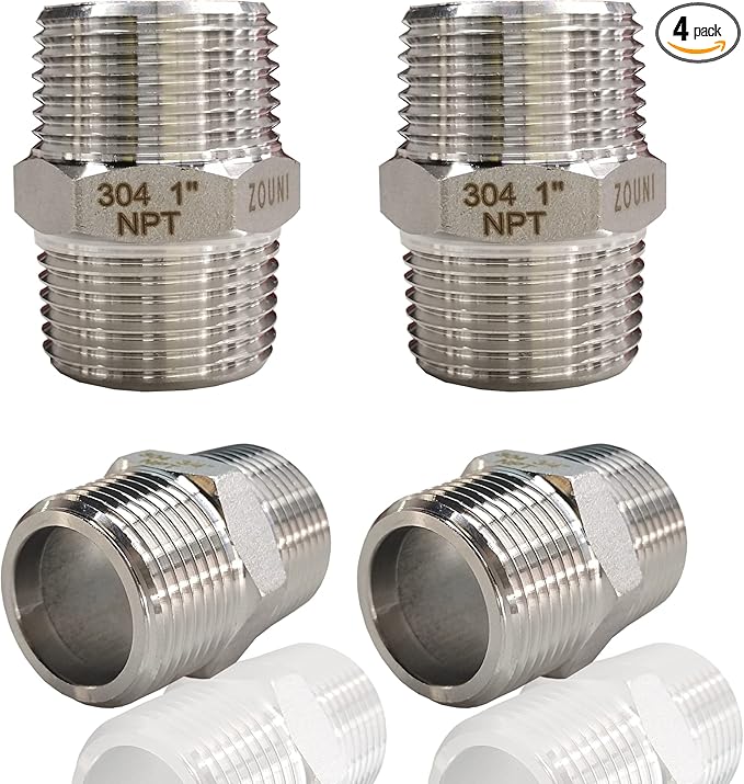 4PCS Hex Nipple 1" x 1" Male Pipe Fittings, 304 Stainless Steel 1 inch NPT Male Threaded Pipe Adapter Fittings Equal Nipples Connectors, MNPT Straight Connector Pipe Fitting