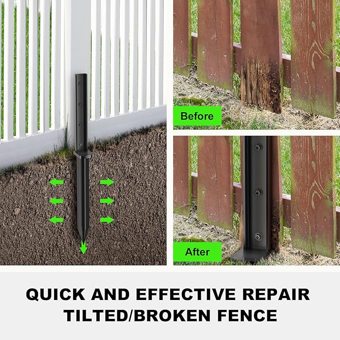 Thicker Fence Post Repair Anchor Kit, One-Piece Heavy Duty Steel Fence Post Stakes, Repair Tilted Broken 4x4/6x6 Wood Posts(6Pack/Black)