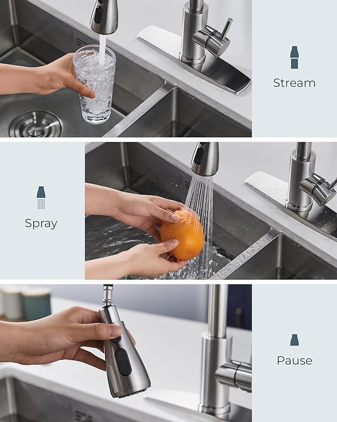 FORIOUS Kitchen Faucet with Soap Dispenser, Brushed Nickel, Single Handle Stainless Steel Transitional Sink Faucet with Pull Down Sprayer 1 or 3 Hole, Suitable for Farmhouse Laundry Camper RV Bar