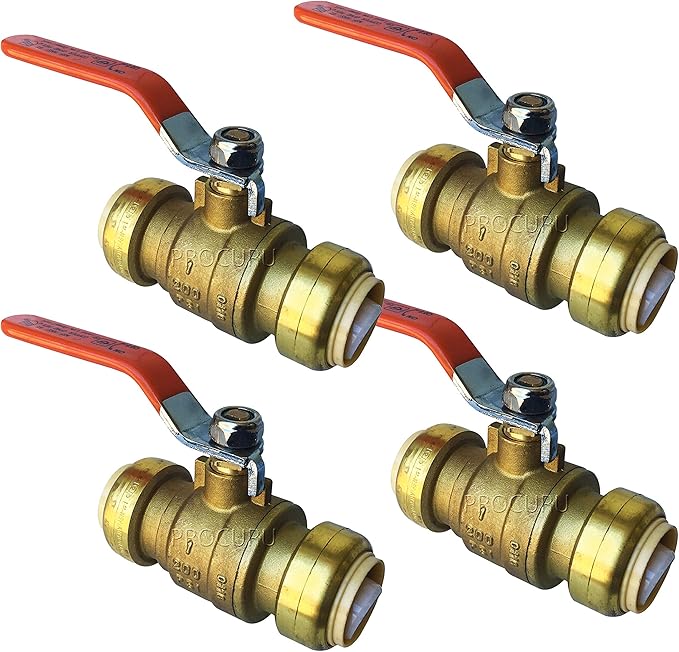 PROCURU 4-Pack 1-Inch PushFit Forged Brass Ball Valve, Push-to-Connect Full Port, Heavy Duty Valve for Copper, PEX, CPVC, Certified Safe (8X8316-4P)