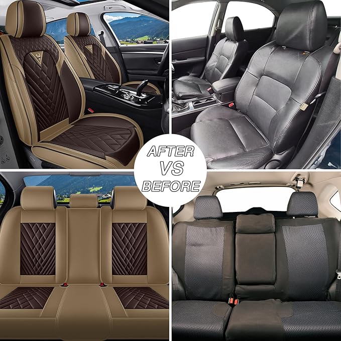 Car Seat Covers for Jaguar E-PACE 2018-2024,Breathable Nappa Leather Car Seat Protector,Full Seat Cover Automotive Seat Cushion with Airbag Compatible(5 Seats,Beige-Brown)