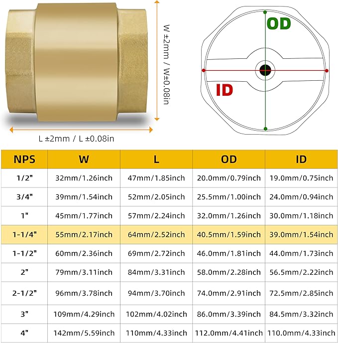 1-1/4" NPT Brass Vertical Check Valve, NPT Thread Vertical Lead-Free In-Line Spring Check Valve, Non Return One Way Counterflow Valve to Prevent the Medium Backflow for Oil Water Gas Air DN32