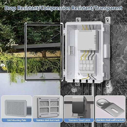 ABS Electrical Junction Box, Ventilated Design, Cable Grommets, IP65 Waterproof Enclosure, Indoor/Outdoor Use with Mounting Panel.(Clear Cover, 15"x11"x5.1")